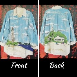 Vintage Handpainted Beachy Lighthouse Island-y Boho Wearable Art Denim Shacket L